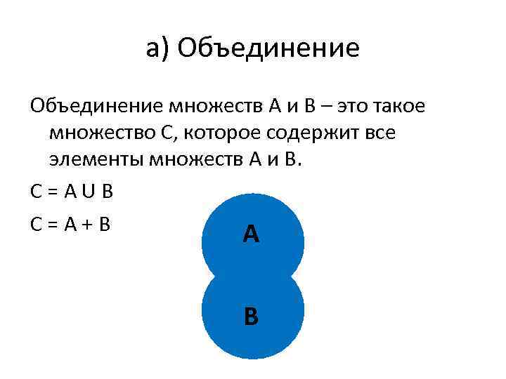 а) Объединение множеств А и В – это такое множество С, которое содержит все