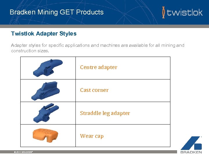 Bradken Mining GET Products Twistlok Adapter Styles Adapter styles for specific applications and machines