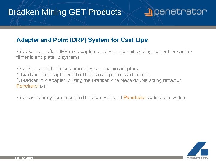 Bradken Mining GET Products Adapter and Point (DRP) System for Cast Lips • Bradken