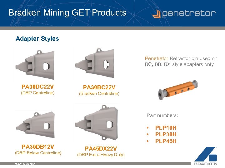 Bradken Mining GET Products Adapter Styles Penetrator Retractor pin used on BC, BB, BX