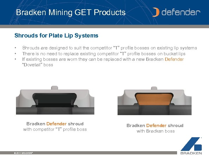 Bradken Mining GET Products Shrouds for Plate Lip Systems • • • Shrouds are