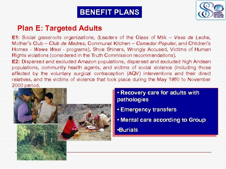 BENEFIT PLANS Plan E: Targeted Adults E 1: Social grassroots organizations, (Leaders of the