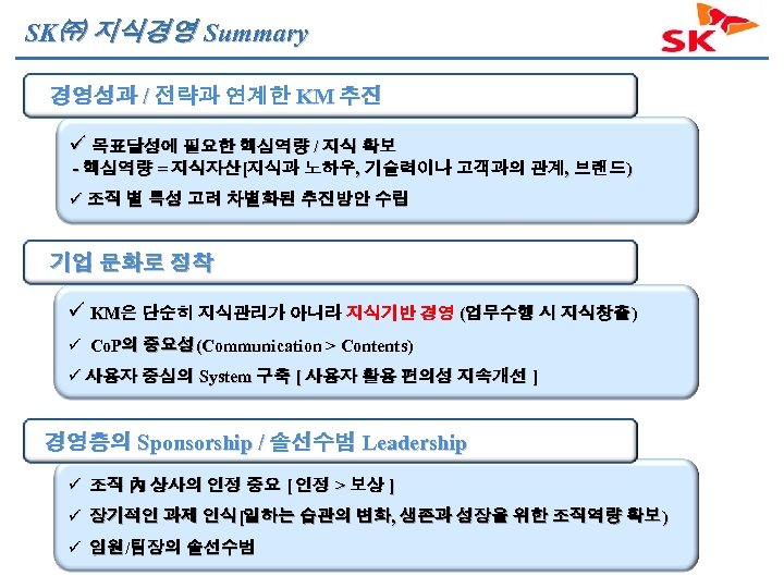SK㈜ 지식경영 Summary 경영성과 / 전략과 연계한 KM 추진 ü 목표달성에 필요한 핵심역량 /