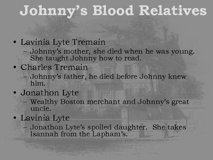 Johnny’s Blood Relatives • Lavinia Lyte Tremain – Johnny’s mother, she died when he
