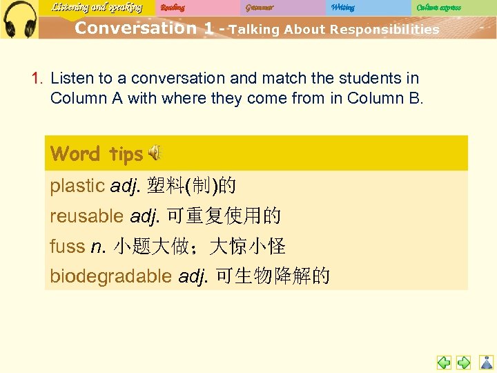 Listening and speaking Reading Grammar Writing Culture express Conversation 1 - Talking About Responsibilities