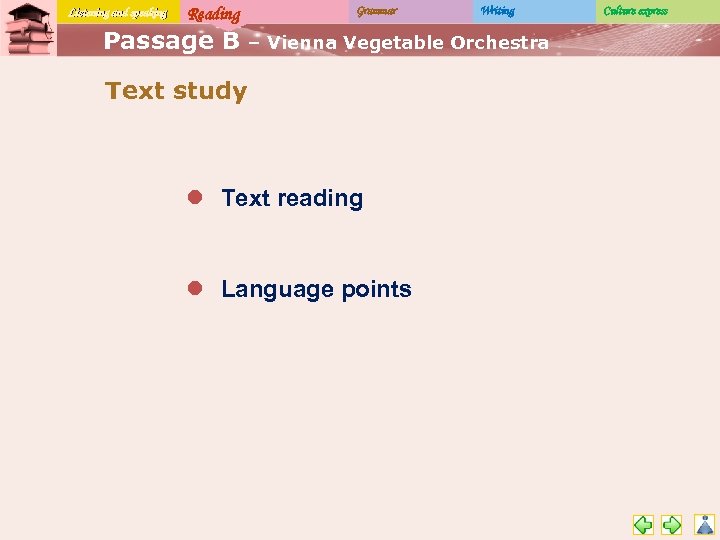 Listening and speaking Reading Passage B Grammar Writing – Vienna Vegetable Orchestra Text study
