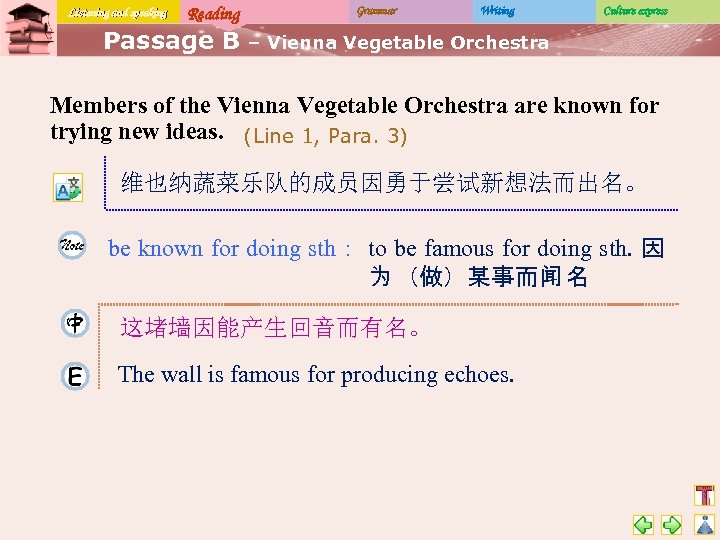 Listening and speaking Reading Passage B Grammar Writing Culture express – Vienna Vegetable Orchestra