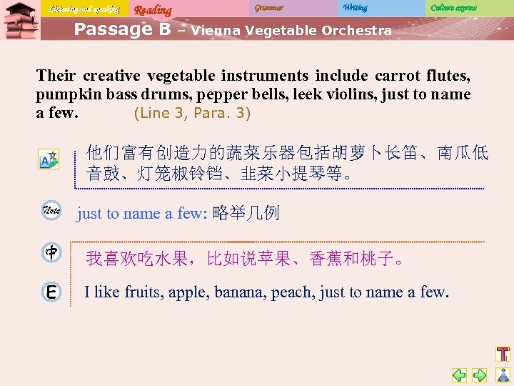 Listening and speaking Reading Passage B Grammar Writing Culture express – Vienna Vegetable Orchestra