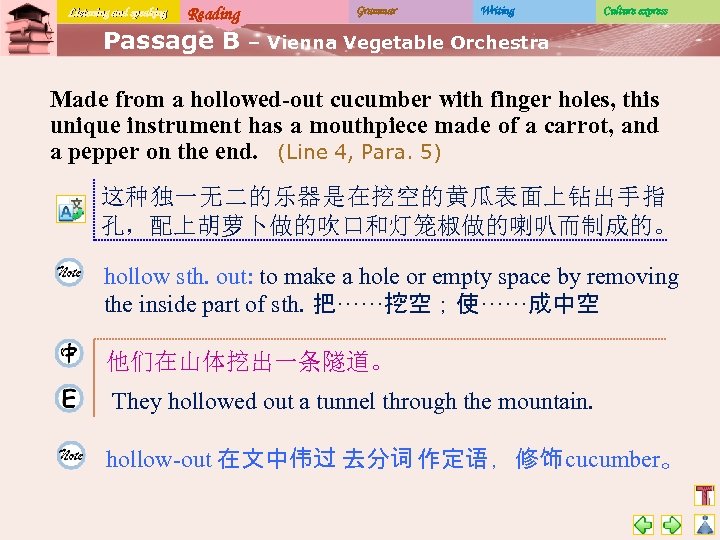 Listening and speaking Reading Passage B Grammar Writing Culture express – Vienna Vegetable Orchestra