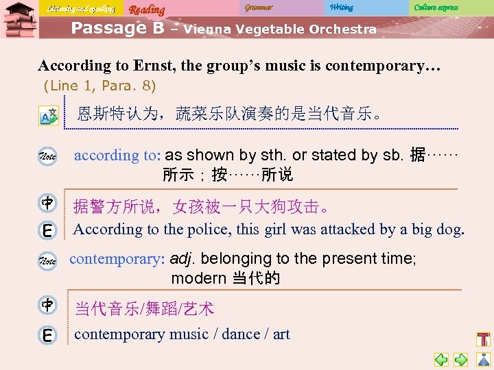 Listening and speaking Reading Passage B Grammar Writing Culture express – Vienna Vegetable Orchestra