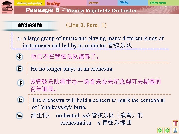 Listening and speaking Reading Passage B orchestra Grammar Writing Culture express – Vienna Vegetable