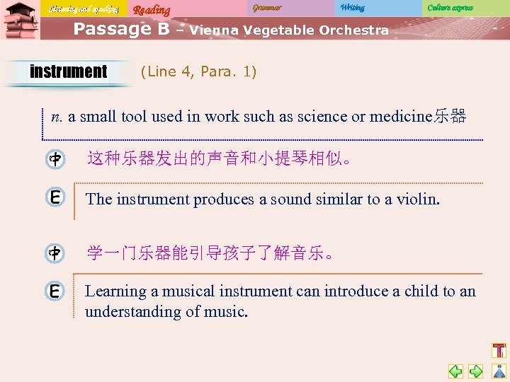 Listening and speaking Reading Passage B instrument Grammar Writing Culture express – Vienna Vegetable