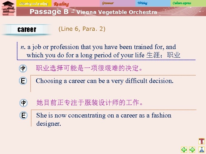 Listening and speaking Reading Passage B career Grammar Writing Culture express – Vienna Vegetable