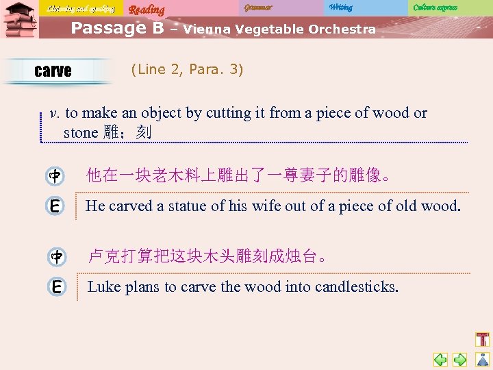 Listening and speaking Reading Passage B carve Grammar Writing Culture express – Vienna Vegetable