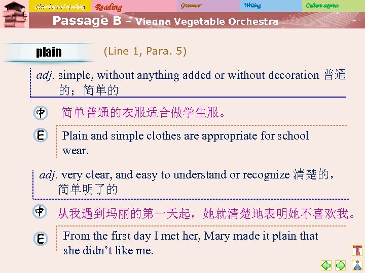 Listening and speaking Reading Passage B plain Grammar Writing Culture express – Vienna Vegetable