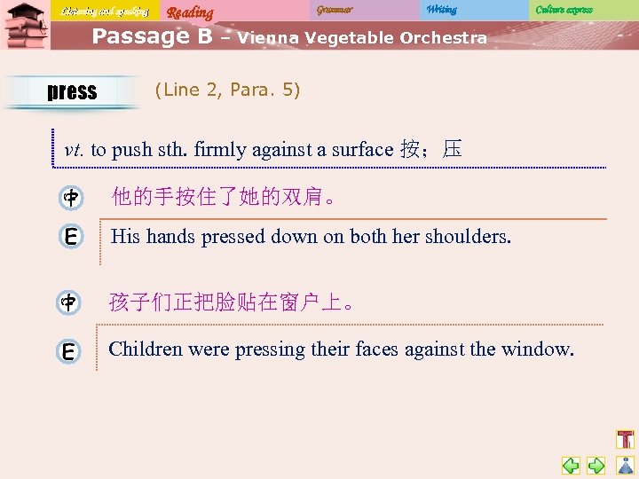 Listening and speaking Reading Passage B press Grammar Writing Culture express – Vienna Vegetable