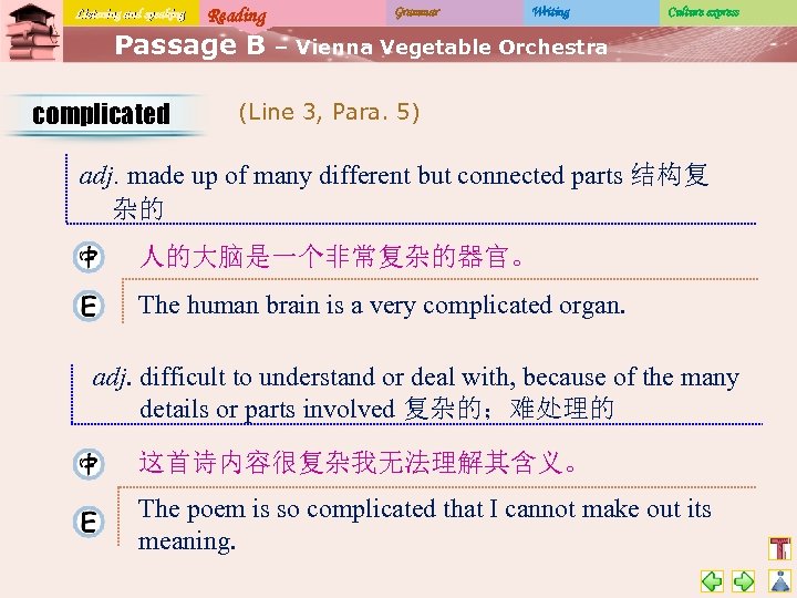 Listening and speaking Reading Passage B complicated Grammar Writing Culture express – Vienna Vegetable