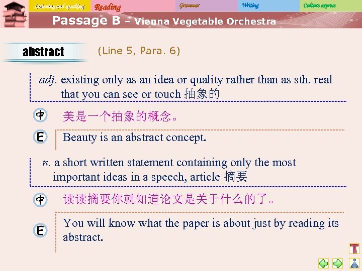 Listening and speaking Reading Passage B abstract Grammar Writing Culture express – Vienna Vegetable