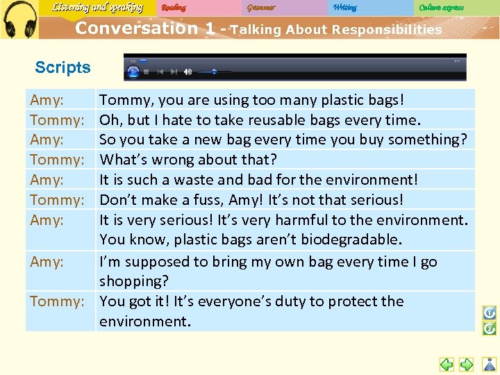 Listening and speaking Reading Grammar Writing Culture express Conversation 1 - Talking About Responsibilities