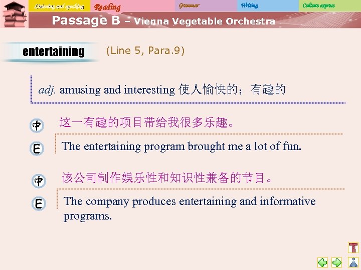 Listening and speaking Reading Passage B entertaining Grammar Writing Culture express – Vienna Vegetable