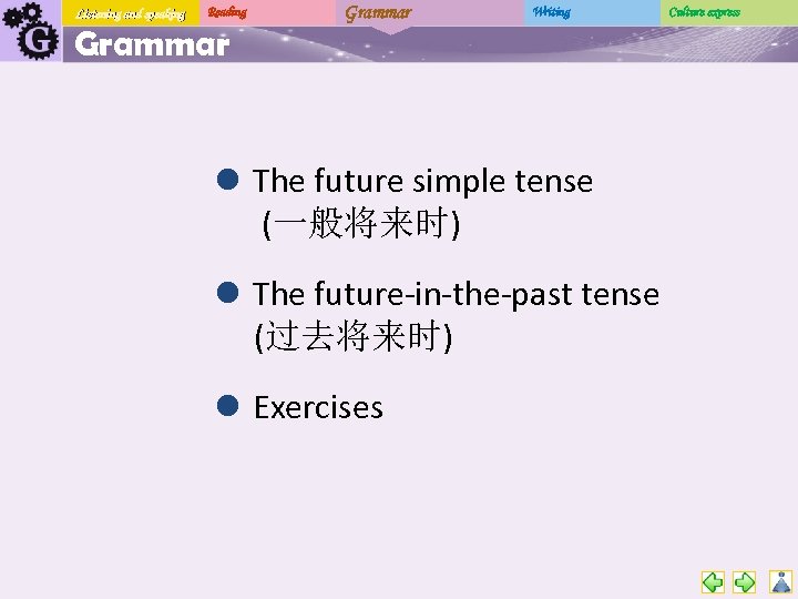 Listening and speaking Reading Grammar Writing l The future simple tense (一般将来时) l The