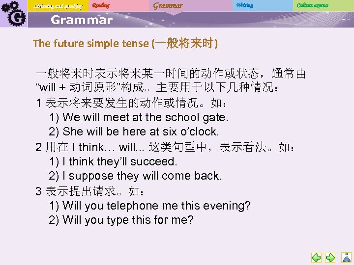Listening and speaking Reading Grammar Writing Culture express Grammar The future simple tense (一般将来时)