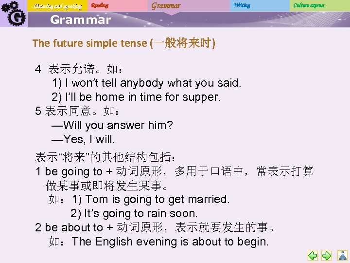 Listening and speaking Reading Grammar Writing Culture express Grammar The future simple tense (一般将来时)