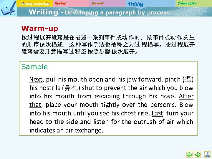 Listening and speaking Reading Writing Grammar Writing Culture express - Developing a paragraph by