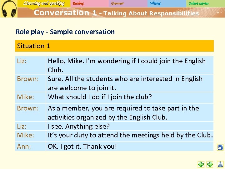 Listening and speaking Reading Grammar Writing Culture express Conversation 1 - Talking About Responsibilities