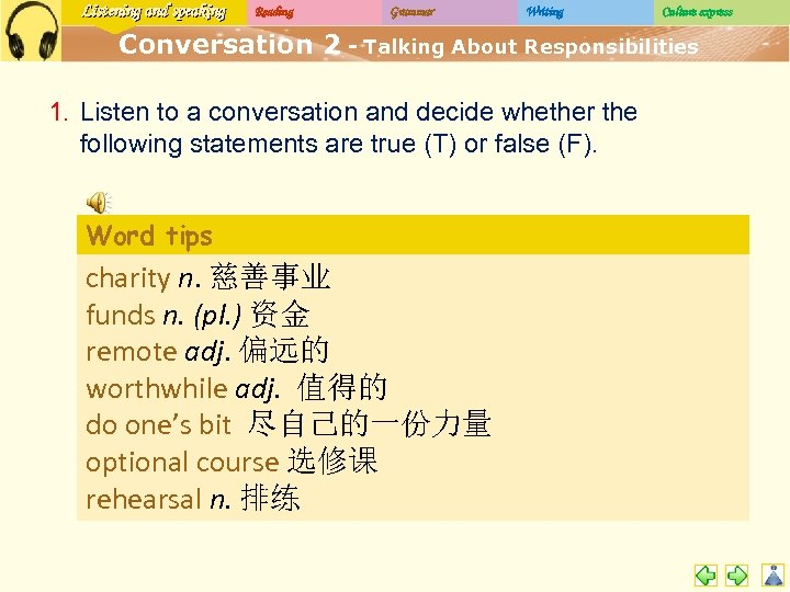 Listening and speaking Reading Grammar Writing Culture express Conversation 2 - Talking About Responsibilities