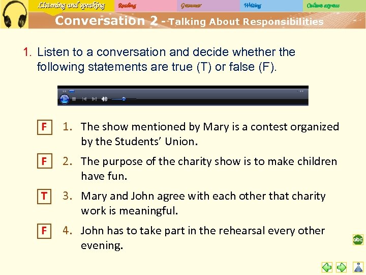Listening and speaking Reading Grammar Writing Culture express Conversation 2 - Talking About Responsibilities