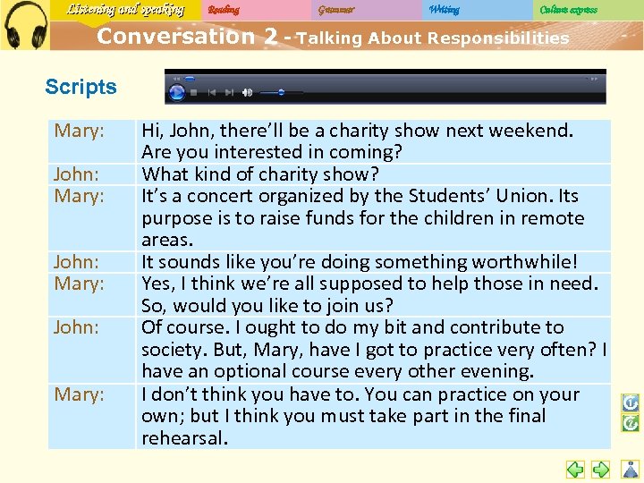 Listening and speaking Reading Grammar Writing Culture express Conversation 2 - Talking About Responsibilities