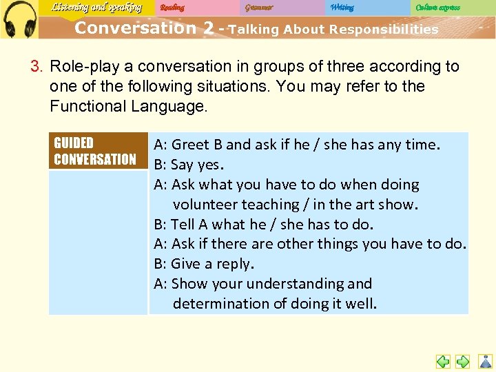 Listening and speaking Reading Grammar Writing Culture express Conversation 2 - Talking About Responsibilities