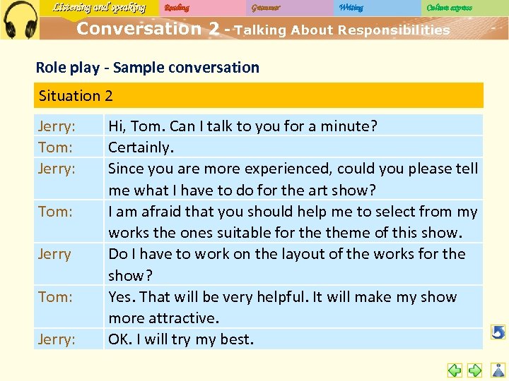 Listening and speaking Reading Grammar Writing Culture express Conversation 2 - Talking About Responsibilities
