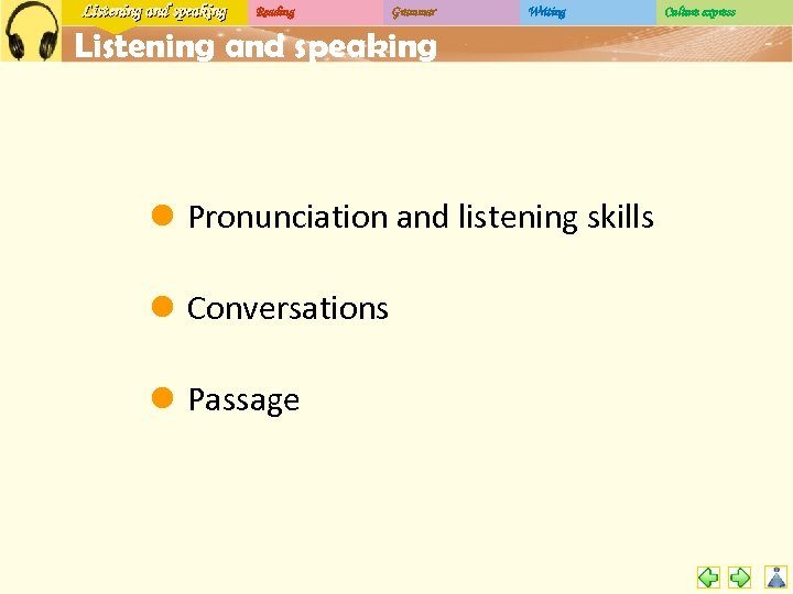 Listening and speaking Reading Grammar Writing Listening and speaking l Pronunciation and listening skills