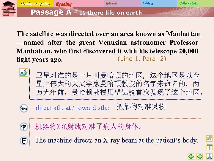 Listening and speaking Reading Passage A Grammar Writing Culture express – Is there life