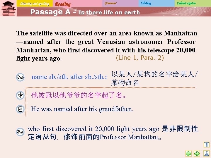 Listening and speaking Reading Passage A Grammar Writing Culture express – Is there life