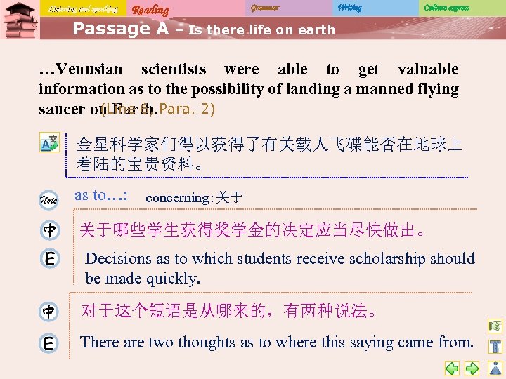 Listening and speaking Reading Passage A Grammar Writing Culture express – Is there life