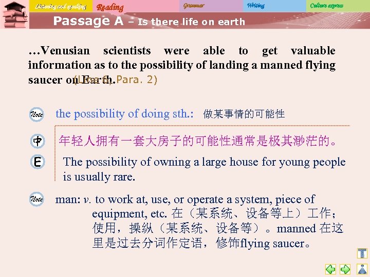 Listening and speaking Reading Passage A Grammar Writing Culture express – Is there life