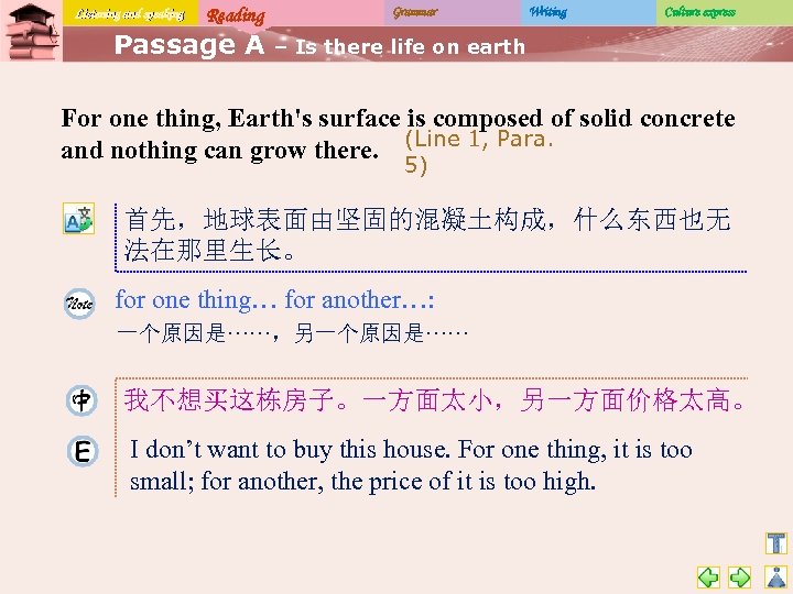 Listening and speaking Reading Passage A Grammar Writing Culture express – Is there life