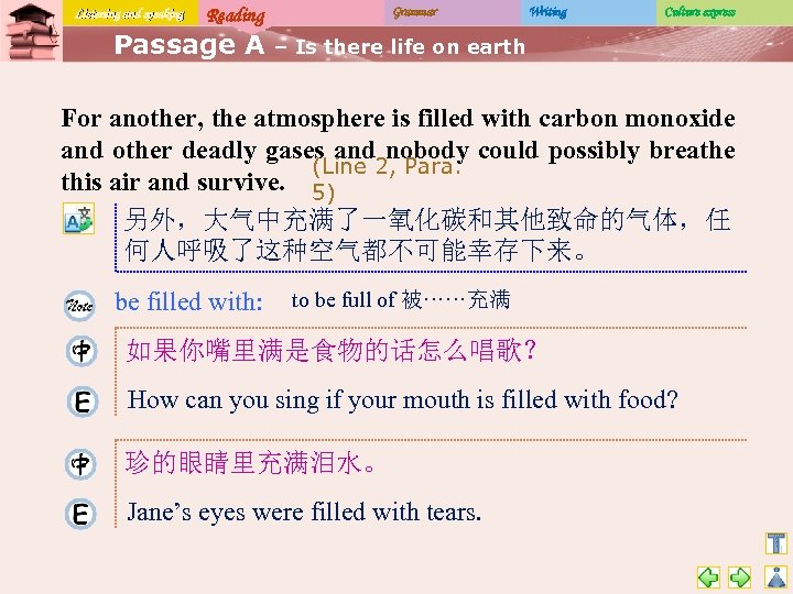 Listening and speaking Reading Passage A Grammar Writing Culture express – Is there life