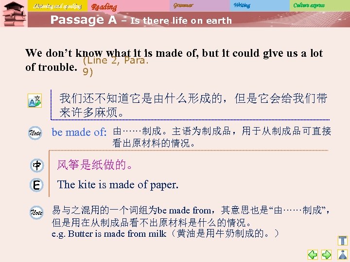 Listening and speaking Reading Passage A Grammar Writing Culture express – Is there life