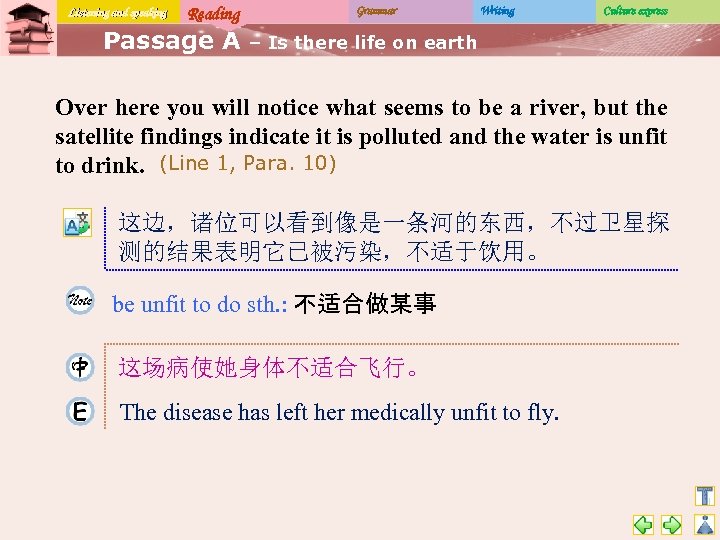 Listening and speaking Reading Passage A Grammar Writing Culture express – Is there life