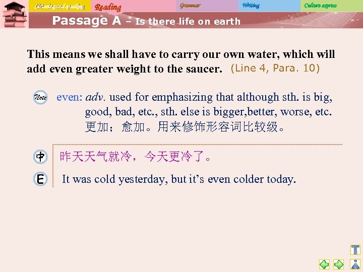 Listening and speaking Reading Passage A Grammar Writing Culture express – Is there life