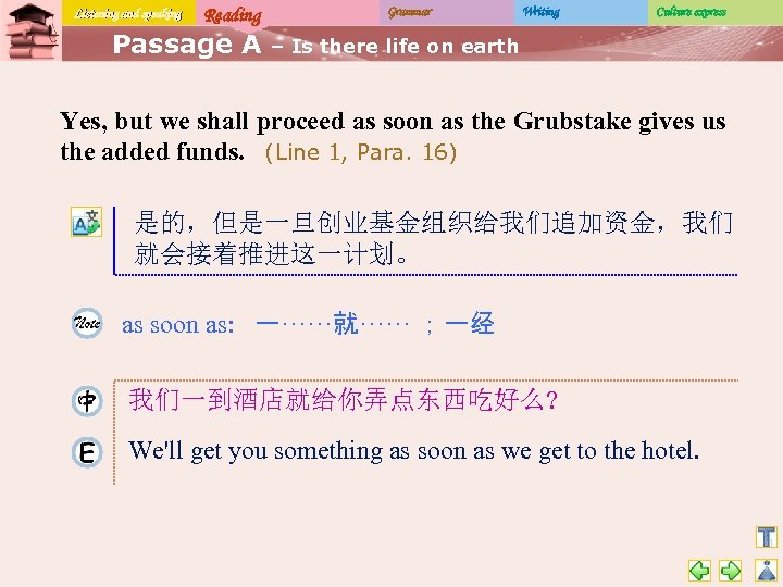 Listening and speaking Reading Passage A Grammar Writing Culture express – Is there life