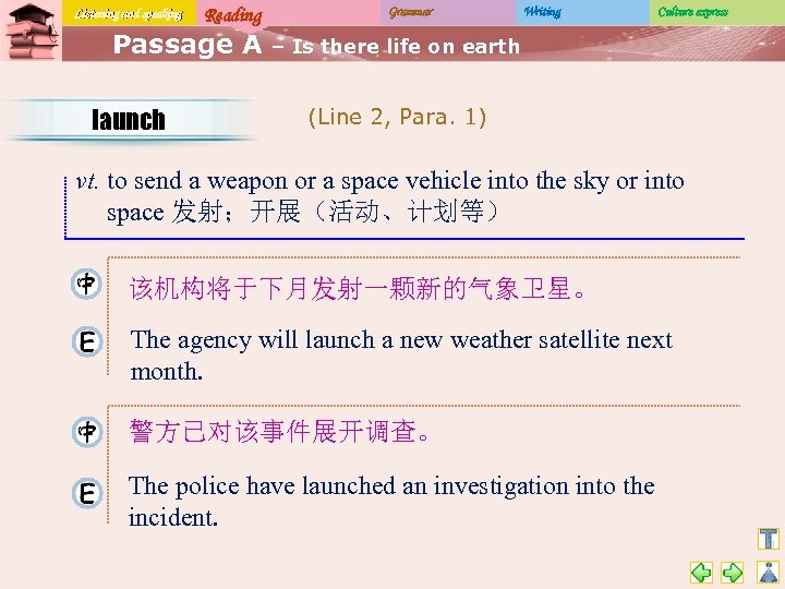 Listening and speaking Reading Passage A launch Grammar Writing Culture express – Is there