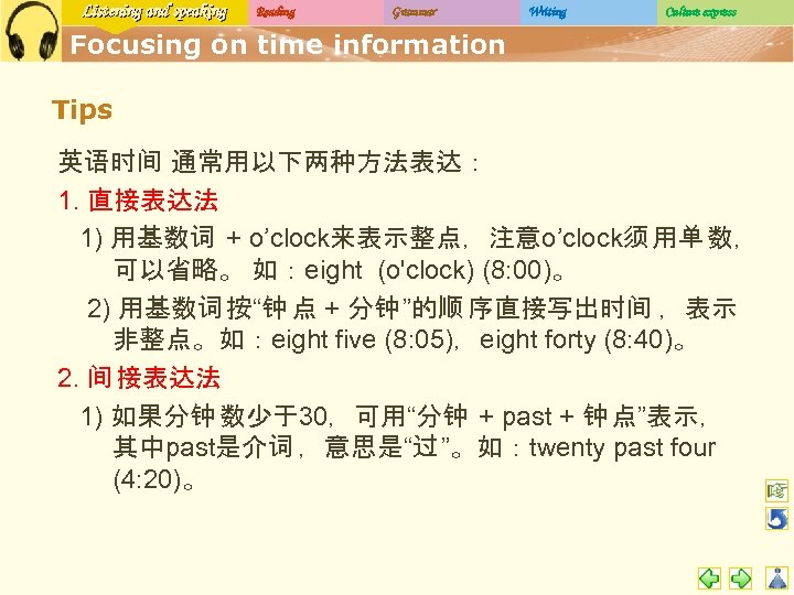 Listening and speaking Reading Grammar Writing Culture express Focusing on time information Tips 英语时间