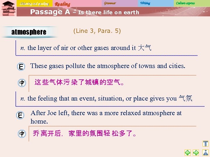 Listening and speaking Reading Passage A atmosphere Grammar Writing Culture express – Is there