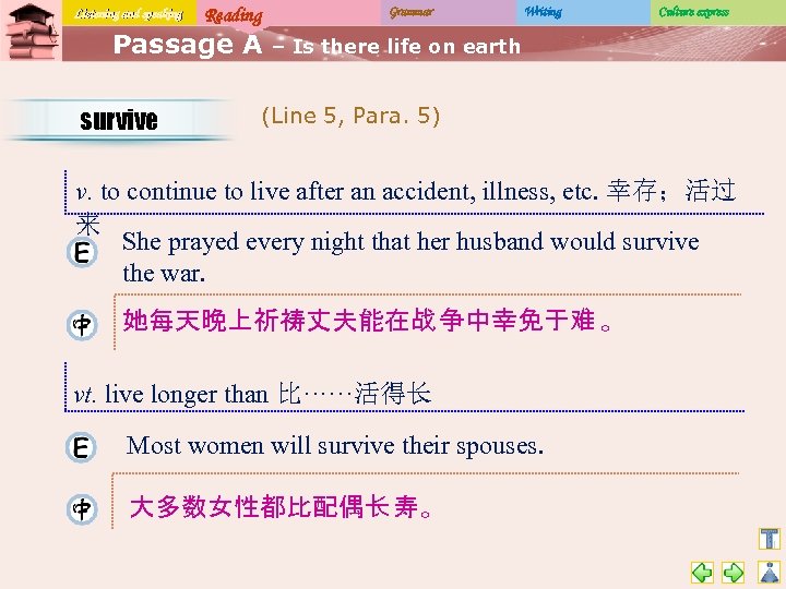 Listening and speaking Reading Passage A survive Grammar Writing Culture express – Is there