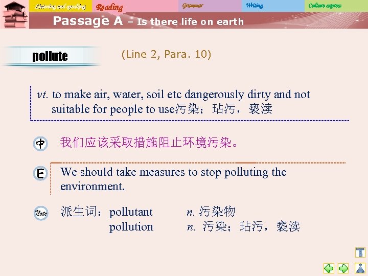 Listening and speaking Reading Passage A pollute Grammar Writing Culture express – Is there